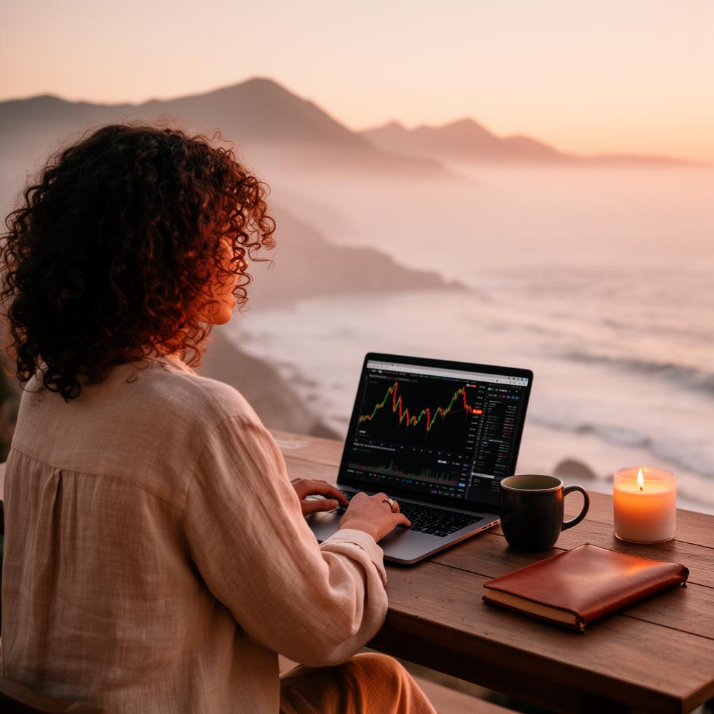 Woman trader at her desk overlooking the ocean at sunrise